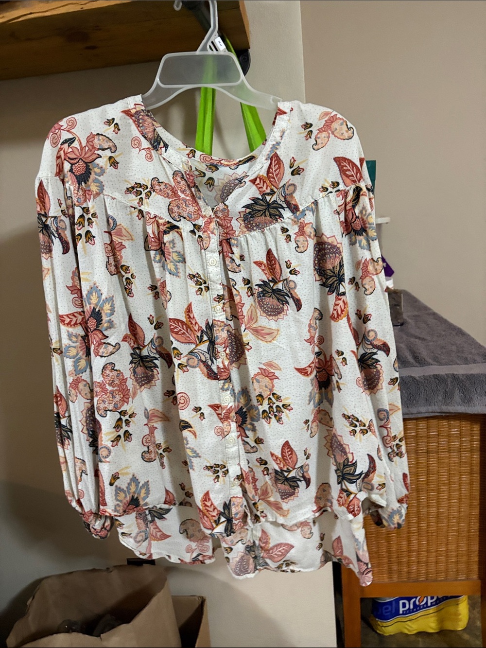 Boho Floral Button-Front Blouse in Cream with Rust and Navy Accents